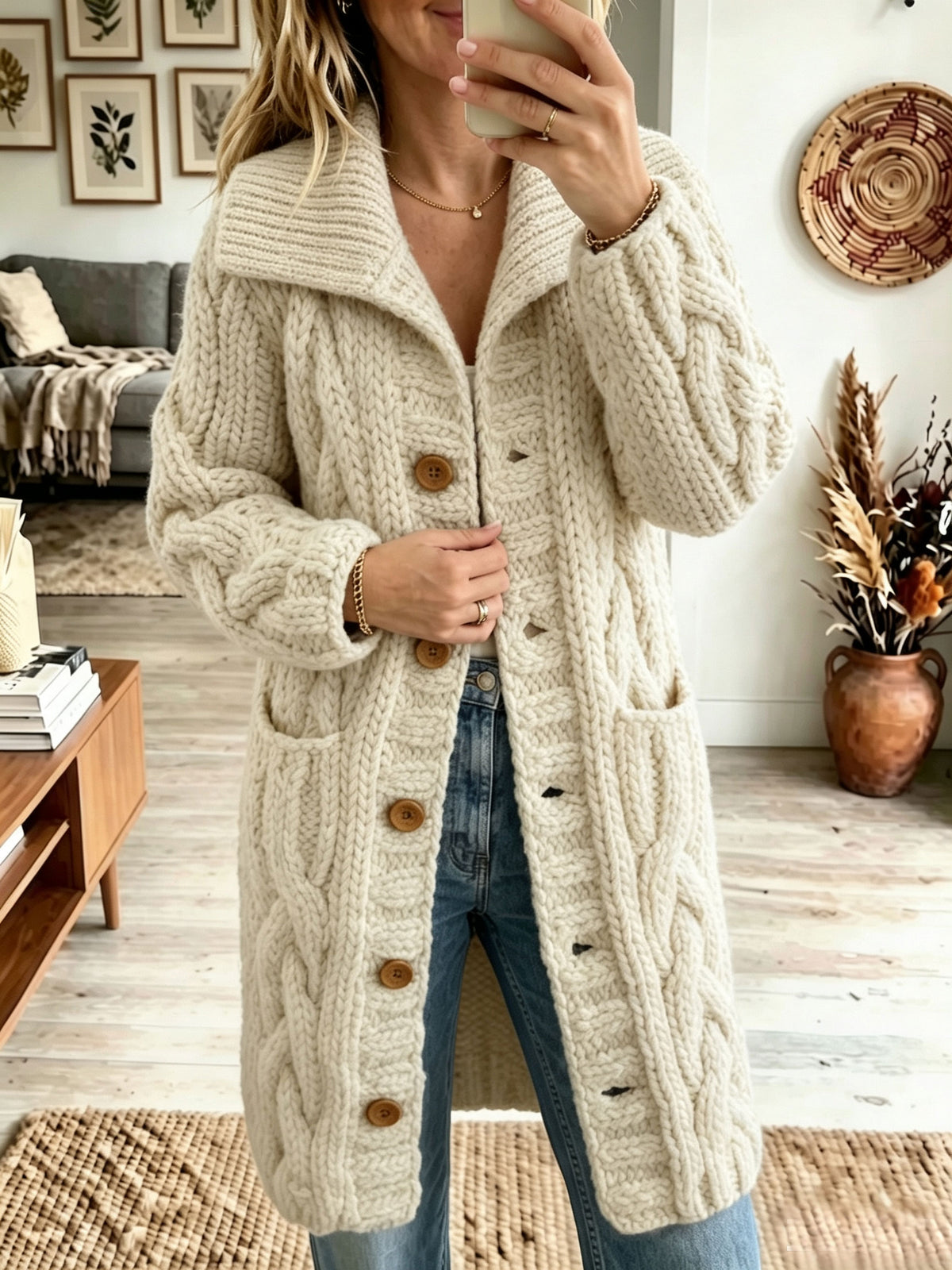 Women Lapel Chunky Cable Knit Cardigan Button‑Front Mid‑Length Sweater Coat