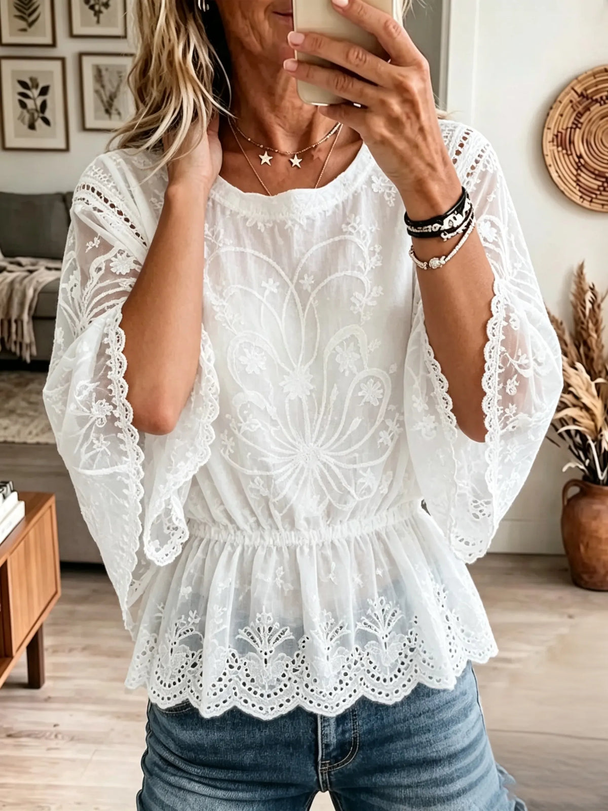 Women's Embroidered Lace Cinched Peplum Blouse