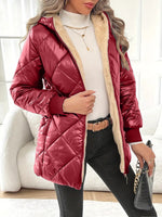 Fleece Lined Hooded Quilted Puffer Jacket Women Zip Up Winter Coat
