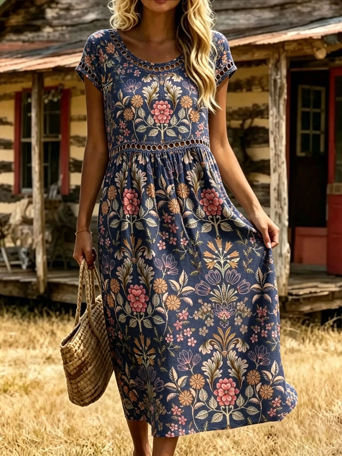 Women's Hollow Out Floral Midi Dress