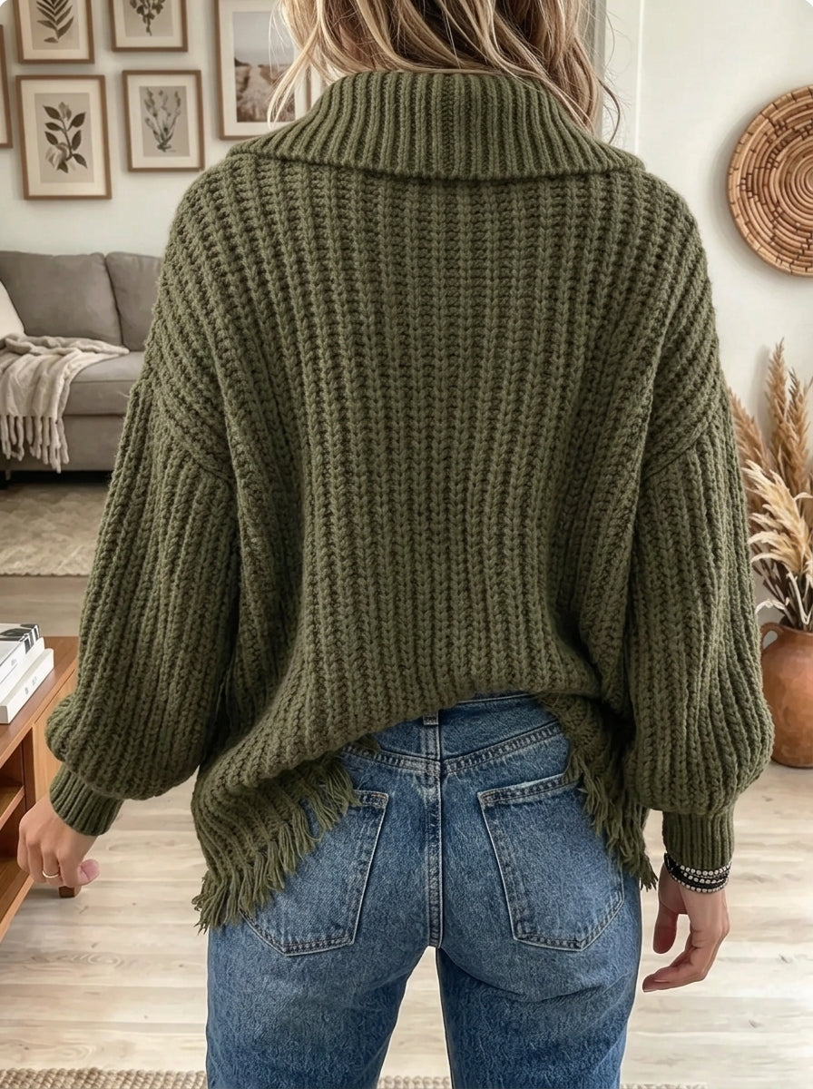 Women's Fringed Hem Shawl Collar Ribbed Knit Sweater