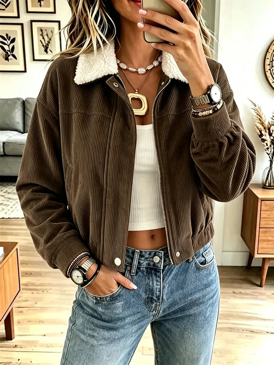 Retro Lapel Zip Corduroy Art Casual Stylish Long Sleeve Coat
