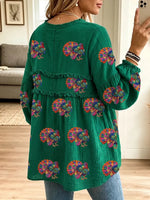 Women's Vintage Elegant Textured Crinkle Ruffle Babydoll Turkey Thanksgiving Tunic Blouse