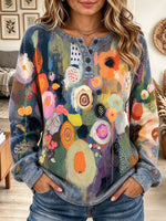 Women's Vintage Artistic Abstract Floral Print Henley Sweatshirt