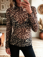 Leopard Print Ruffle Mock Neck Mesh Long Sleeve Top