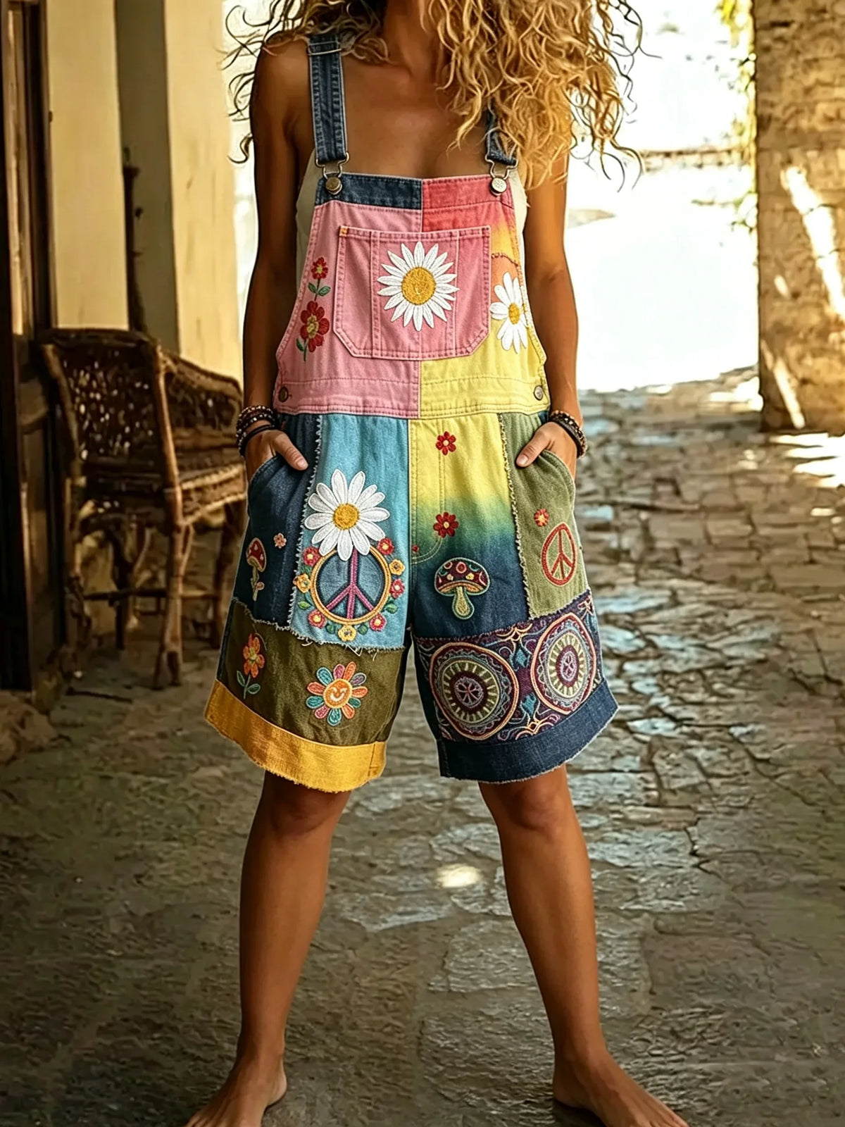 Women Patchwork Daisy Hippie Print Denim Short Overalls
