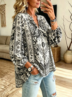 Women's Black White Ethnic Pattern Print Ruffle V-Neck Lantern Sleeve Blouse