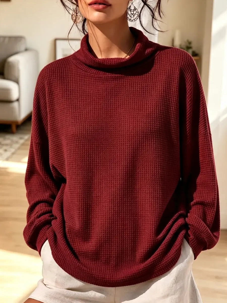 Cozy Waffle Solid Color Art Turtleneck Casual Stylish Long Sleeve Shirt