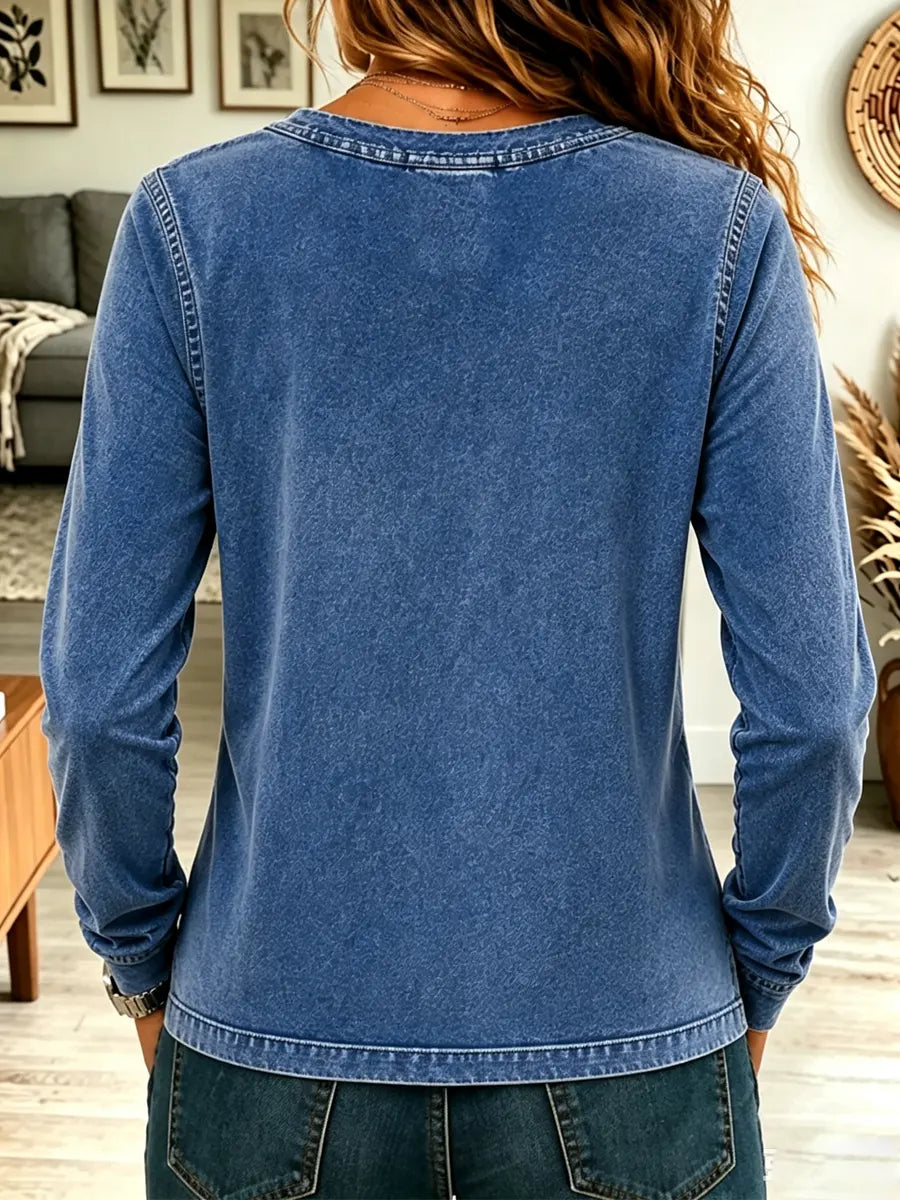 Retro Washed Denim Art Henley Neck Casual Stylish Long Sleeve Shirt