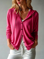 Women's Solid Color Art Casual Hooded Long Sleeve Button Knit Cardigan