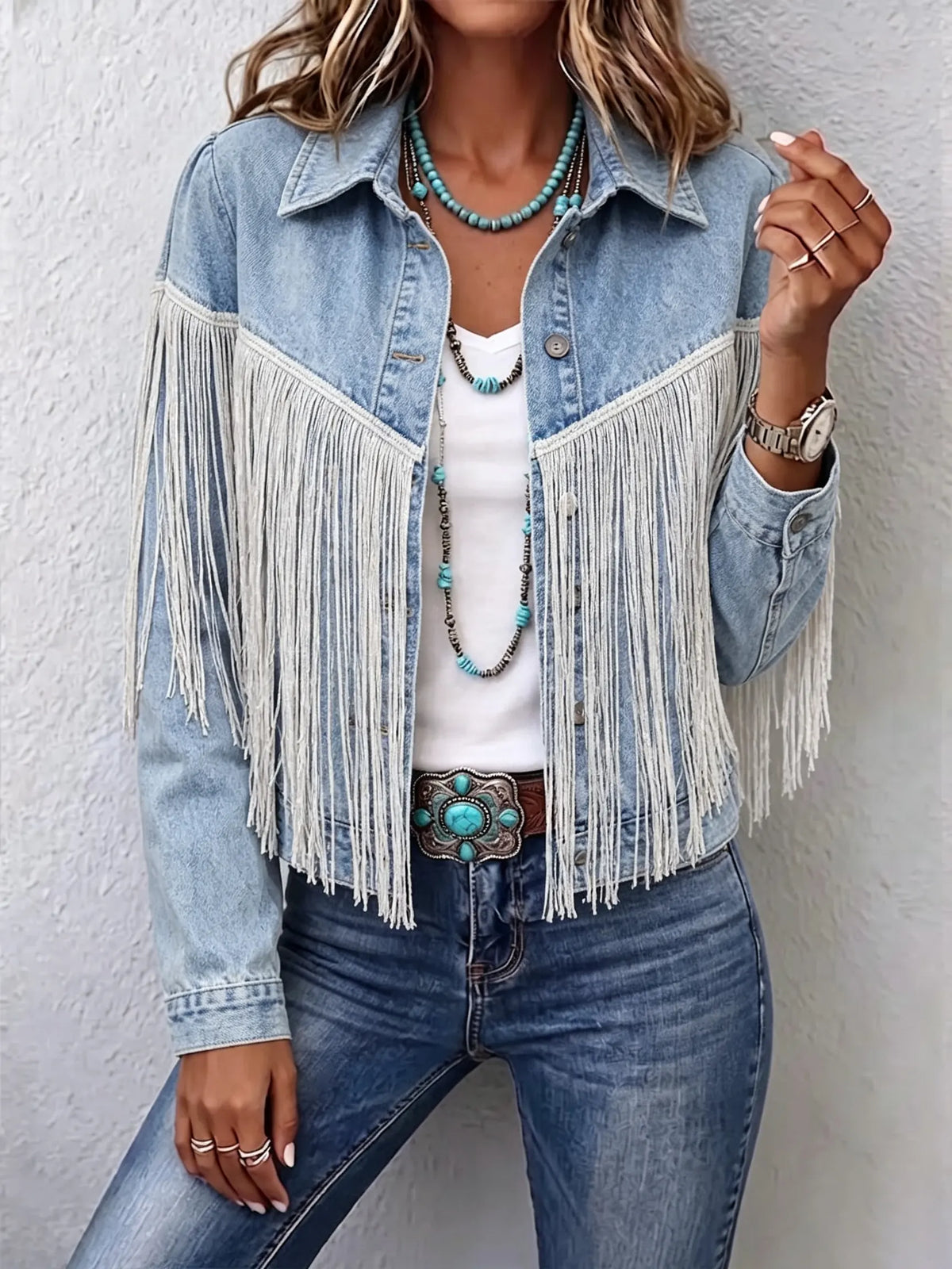 Women's Solid Fringe Cropped Denim Jacket