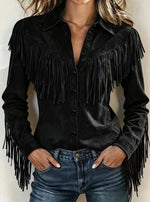 Western Fringe Trim Faux Suede Shirt Jacket, Women Collar Button‑Up Long Sleeve Shacket