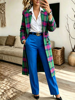 Women Vibrant Green‑Pink Plaid Notched Lapel Midi Wool Blend Coat