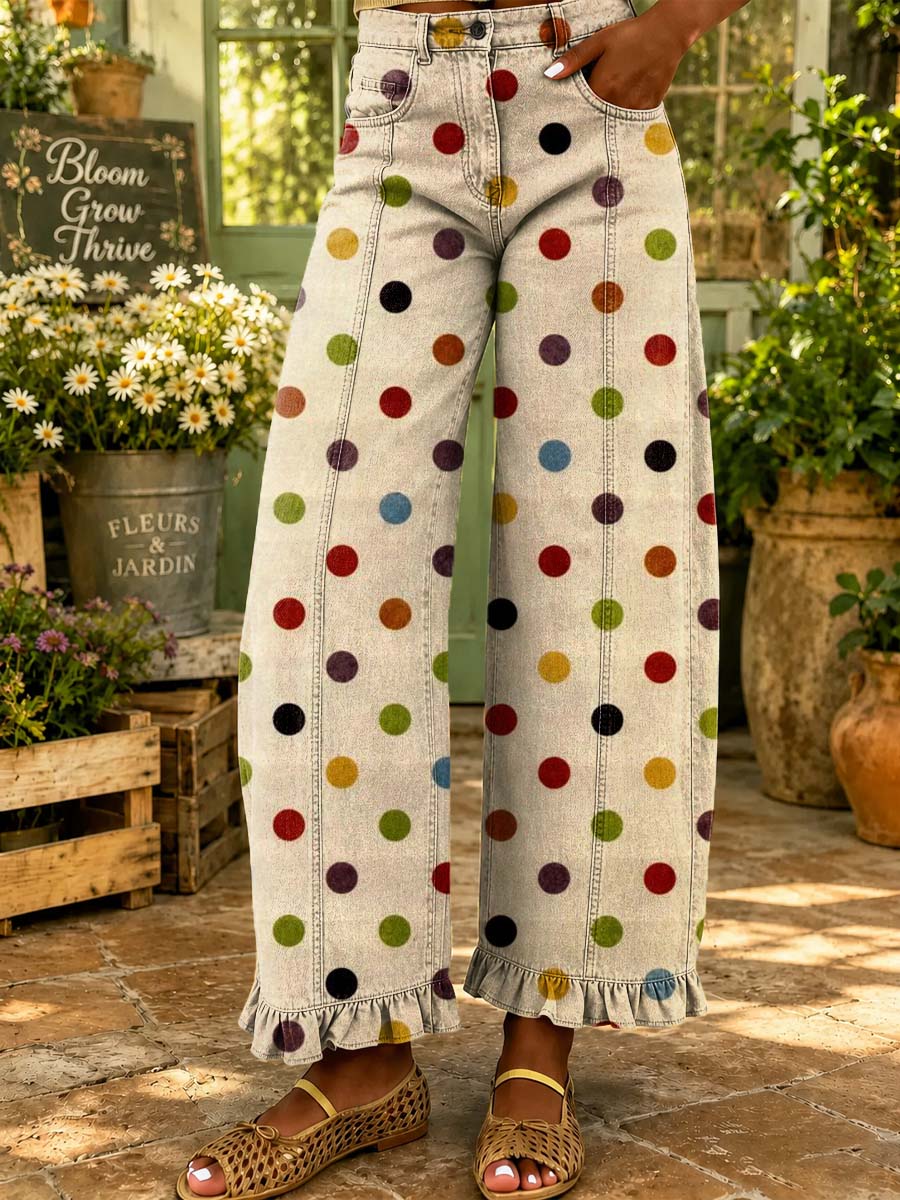 Women's Retro polka dot Pattern Art Print Casual Ruffle Hem Wide Leg Jeans