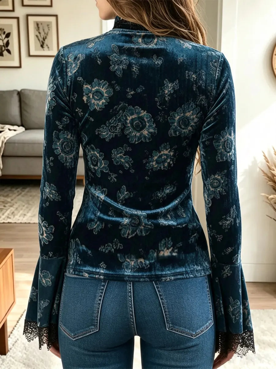 Retro Floral Lace Patchwork Art Casual Stylish Long Sleeve Velvet Top