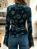 Retro Floral Lace Patchwork Art Casual Stylish Long Sleeve Velvet Top