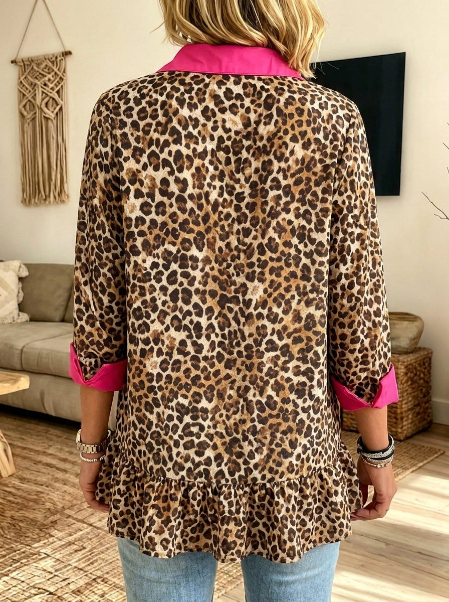 Women Color Contrast Pink Trim Leopard Print Ruffle Hem Blouse Long Sleeve Shirt