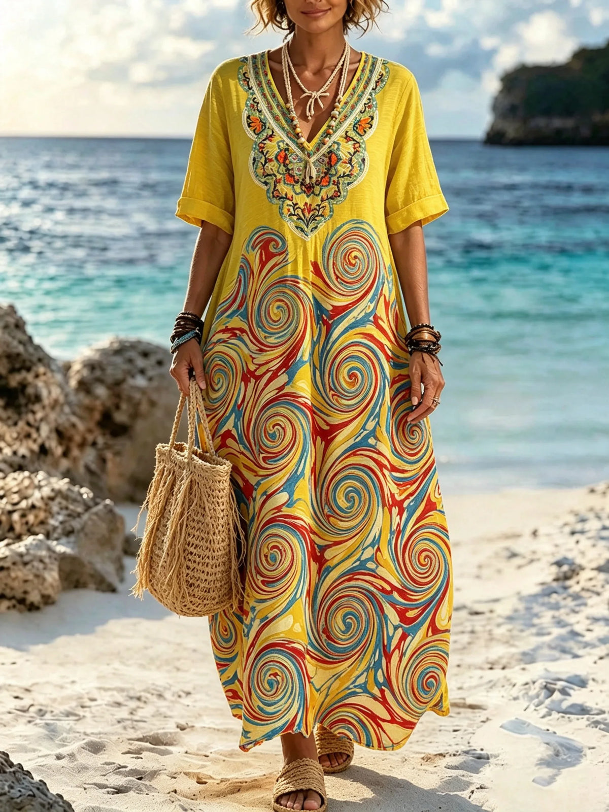 Women Art Swirl Embroidery V Neck Vacation Maxi Dress