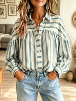 Retro Stripe Pattern Art Casual Lapel Stylish Long Sleeve Shirt