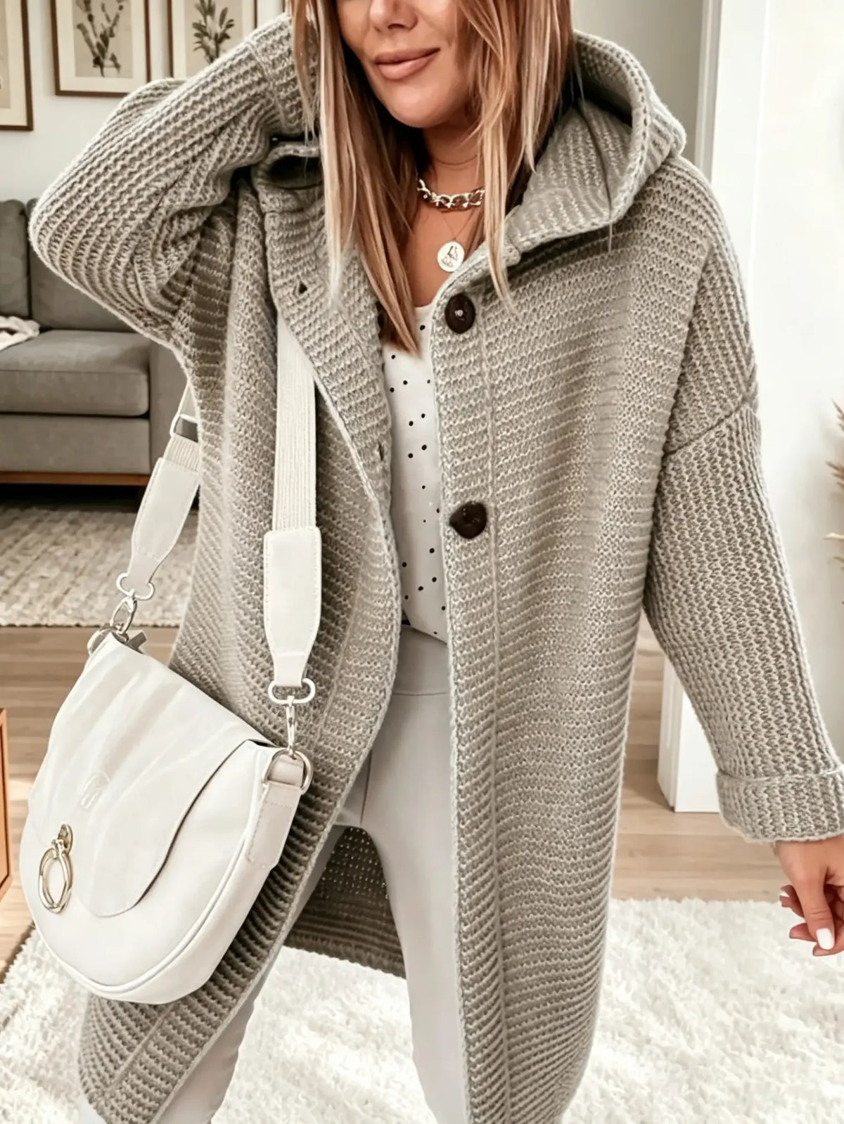 Women's Hooded Knit Button-Down Midi Cardigan