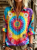 Women's Rainbow Tie Dye Daisy Peace Sign Print Collared Shirt