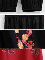 Womens’ Floral Embroidery Three Quarter Sleeve Top & Cropped Jogger Pants Two Piece Set