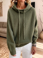 Drawstring Cowl Neck Waffle Knit Hooded Sweater Women Loose Pullover
