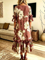 Retro Floral Pattern Art Print Casual Ruffle Stylish Cotton Linen Dress