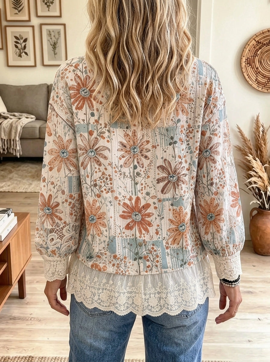 Women's Floral Print Lace Trim Blouse