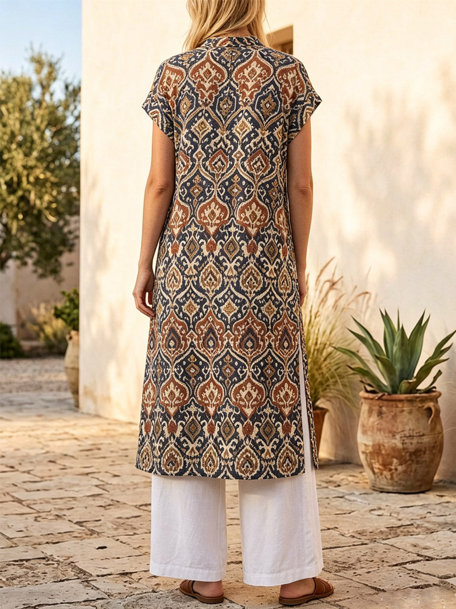 Retro Ethnic Floral Pattern Art Print Casual Side Slits Stylish Cotton Linen Shirt