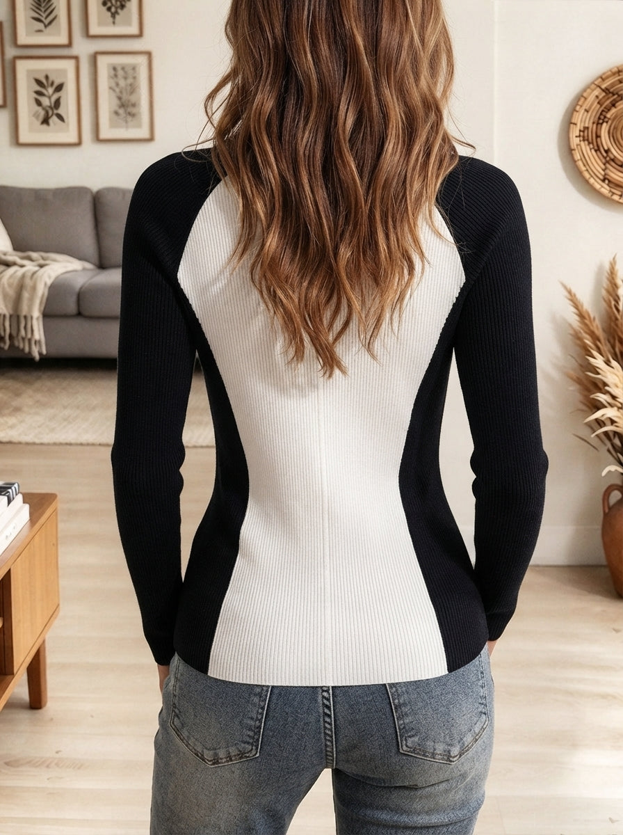 Women's Black and White Colorblock Cardigan with Gold Military Buttons