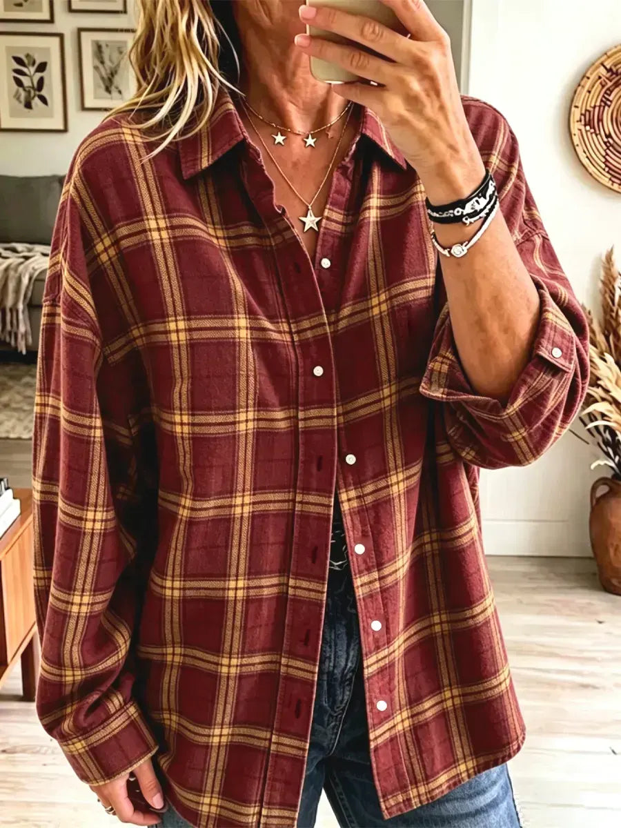 Retro Plaid Pattern Art Print Casual Stylish Long Sleeve Cotton Linen Shirt
