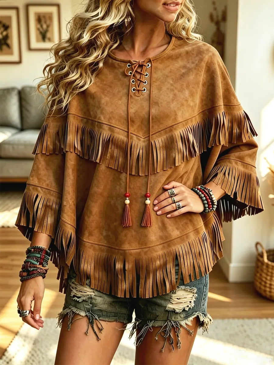 Retro Ethnic Fringe Suede Art Casual Stylish 3/4 Sleeve Poncho Top