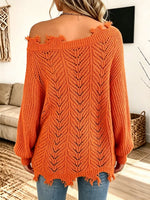 Women’s Distressed Raw-edge One-shoulder Hollow Knit Sweater