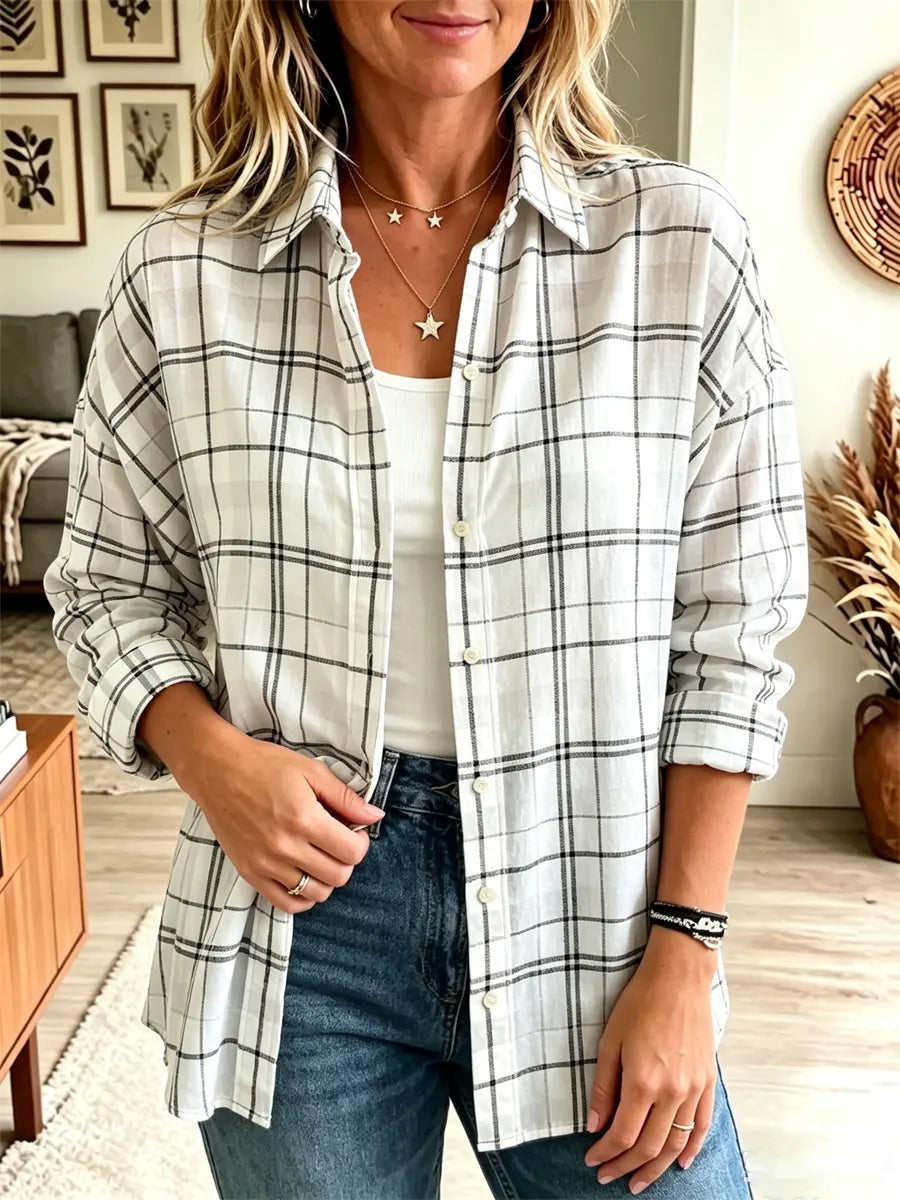 Retro Plaid Pattern Art Print Casual Stylish Long Sleeve Cotton Linen Shirt