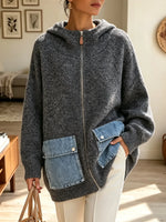 Women's Denim Pocket Full-Zip Textured Hooded Jacket