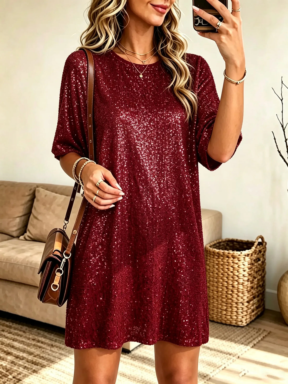 Women's Sequin Short Sleeve Shift Mini Dress