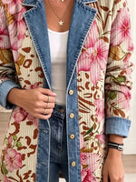 Retro Floral Leopard Pattern Art Casual Denim Patchwork Stylish Long Sleeve Coat