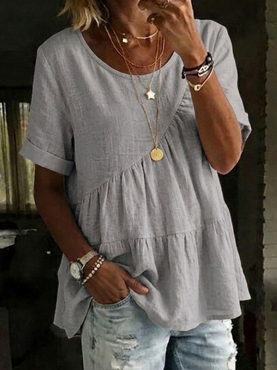 Women's Round Neck Cotton Linen Solid Color Loose Short-sleeved Shirt