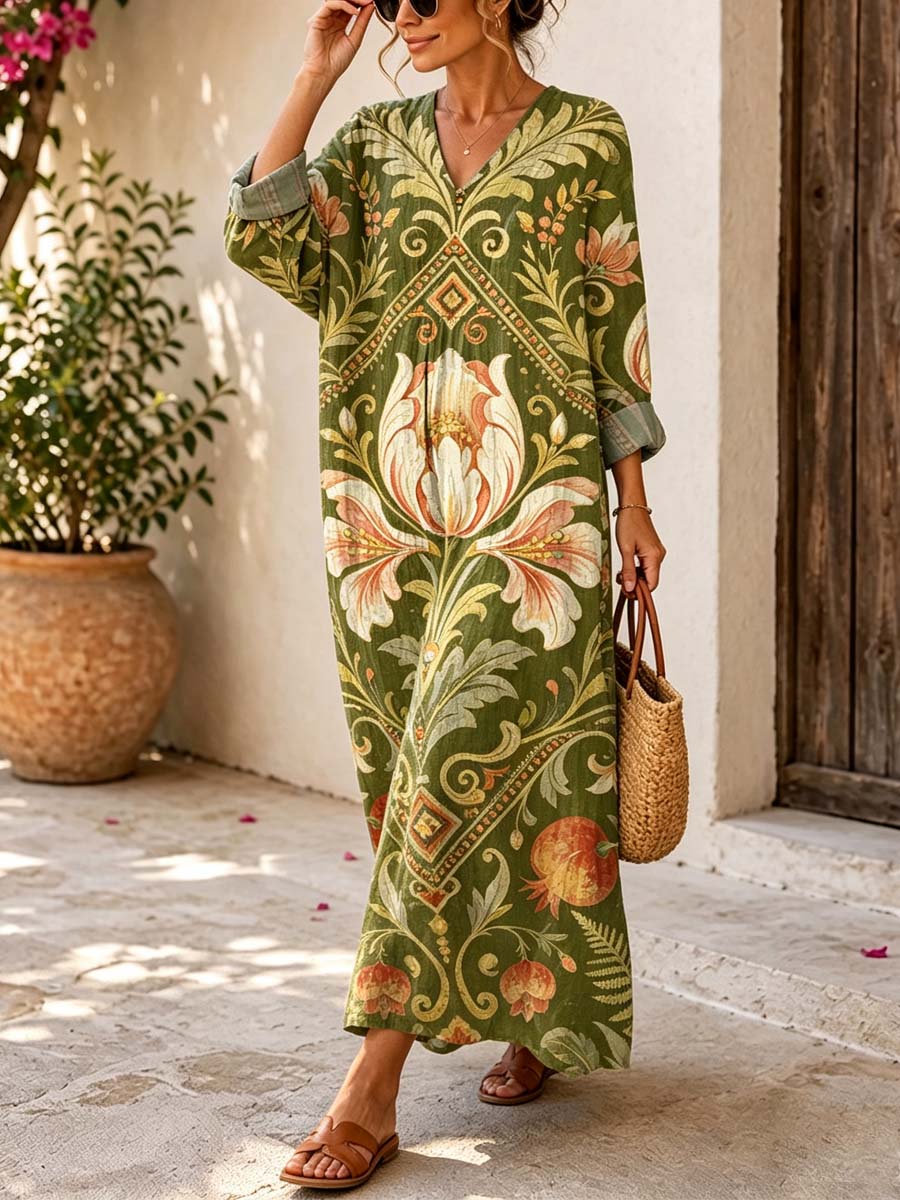 Retro Floral Pattern Art Print Casual V-neck Long Sleeve Cotton Linen Maxi Dress