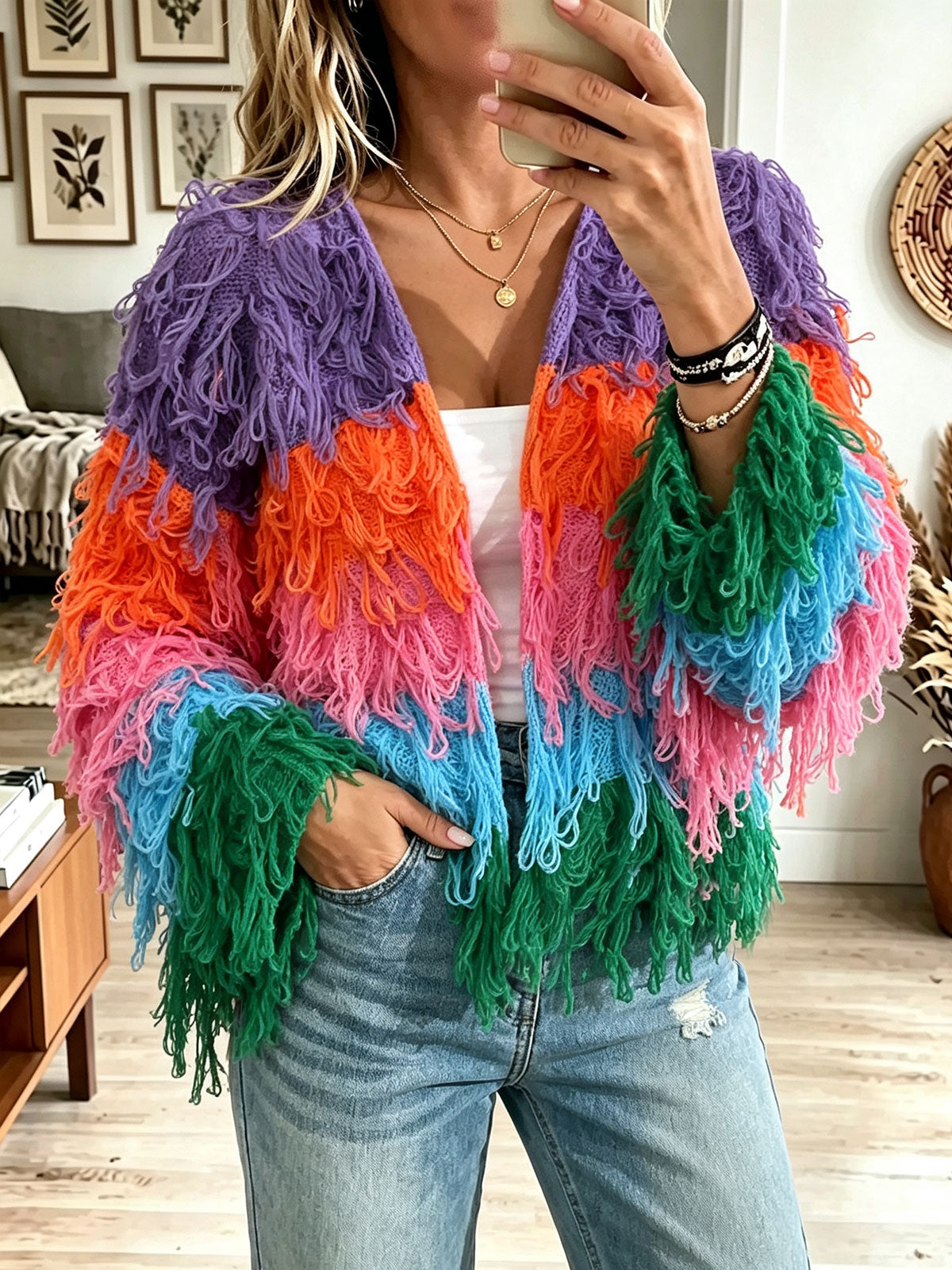 Women Rainbow Color Block Shaggy Fringe Knit Open Front Cardigan