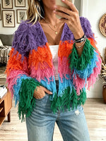 Women Rainbow Color Block Shaggy Fringe Knit Open Front Cardigan