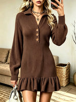 Women's Polo Collar Ruffle Hem Ribbed Sweater Dress