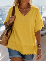 Women's Raw Edge Fringed Linen Blouse