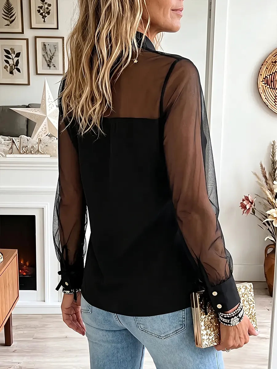 Vintage Elegant Sheer Mesh Patchwork Shirt