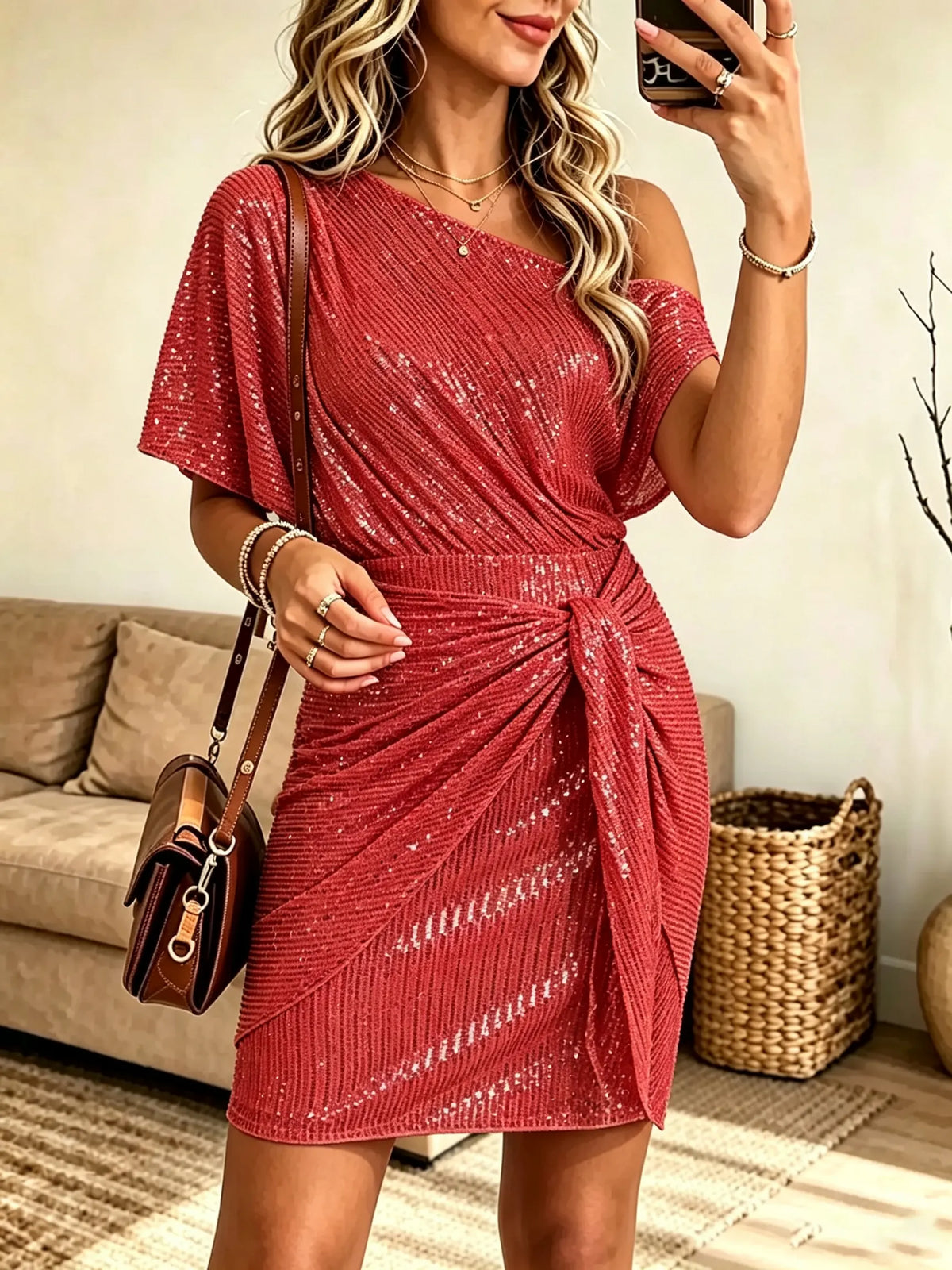 Women's One-Shoulder Draped Sequin Mini Dress