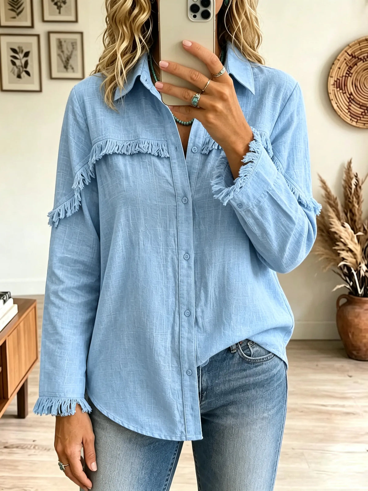 Women's Fringe Trim Button-Down Shirt