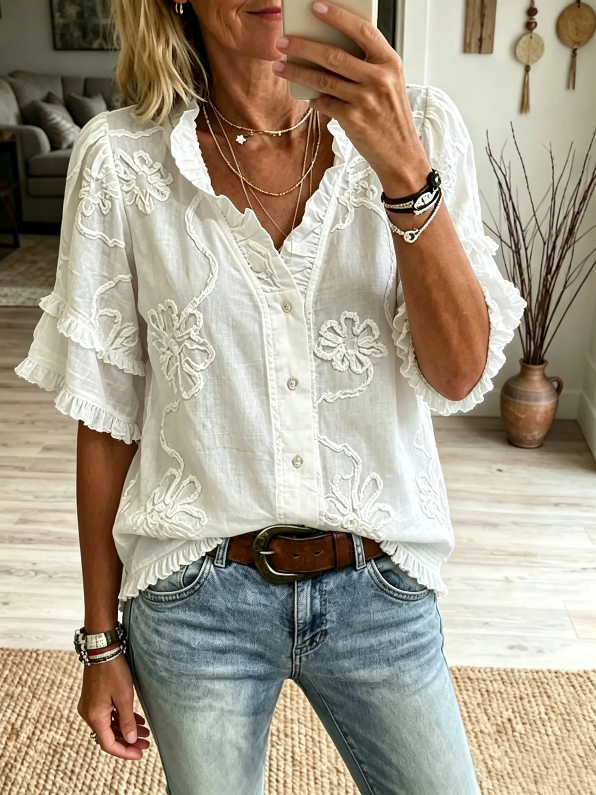 Women's 3D Floral Ruffle Short Sleeve Blouse