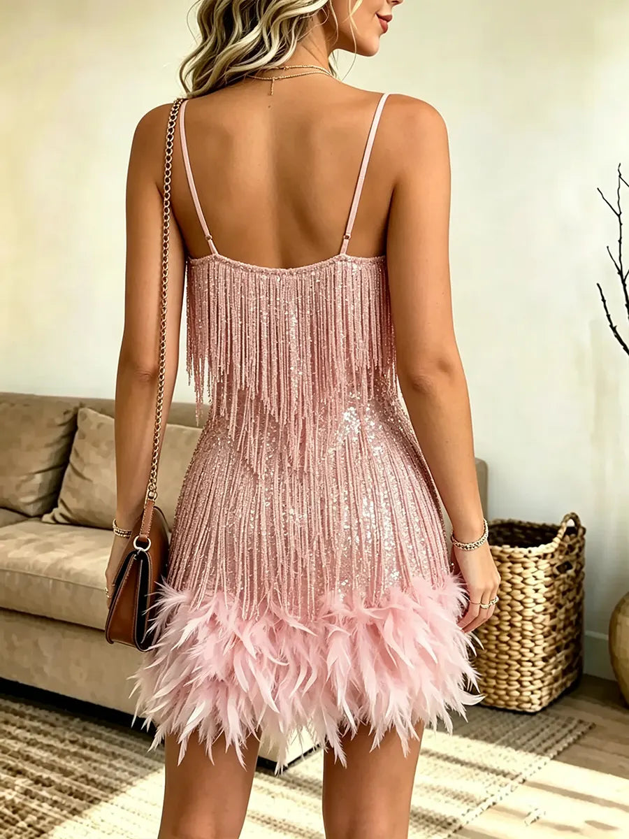 Women's Sexy V-neck Spaghetti Strap Dress With Feather Details
