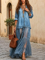 Women's Retro Lapel Denim Organza Patchwork Art Casual Maxi Dress